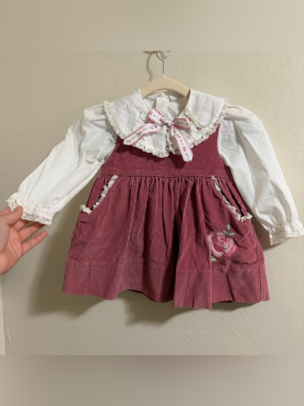 Vintage Toddler Girl 2-Piece Set Rose Pink Corduroy Pinafore & Lace Blouse 3T - Picture 6 of 14